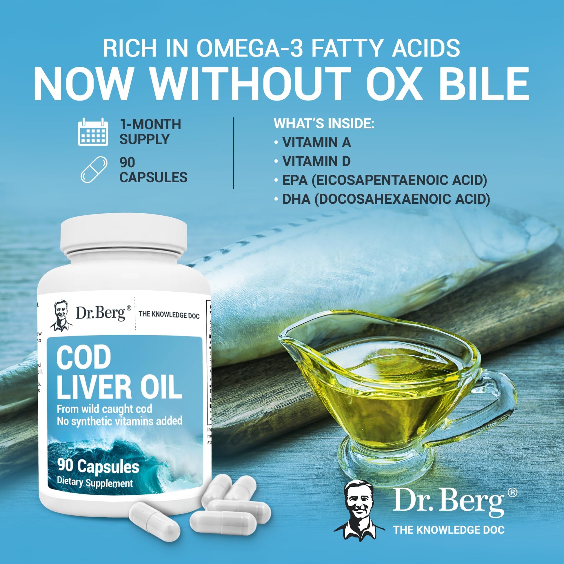 Dr. Berg Cod Liver Oil Capsules - New Formula Without OxBile - Rich in Omega-3 Fatty Dr. Berg Nutritionals