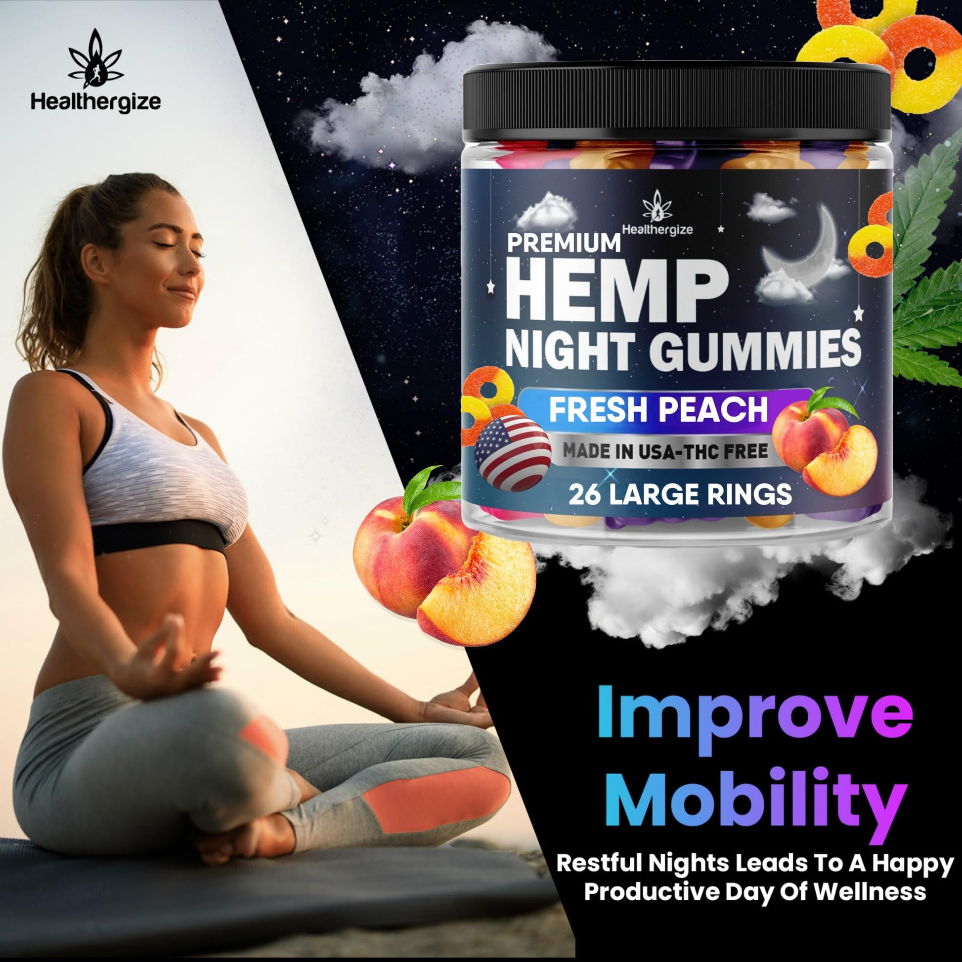 Healthergize Hemp Gummies Night-Time, High Potency Nap Gummies, Peace and Relaxation Healthergize