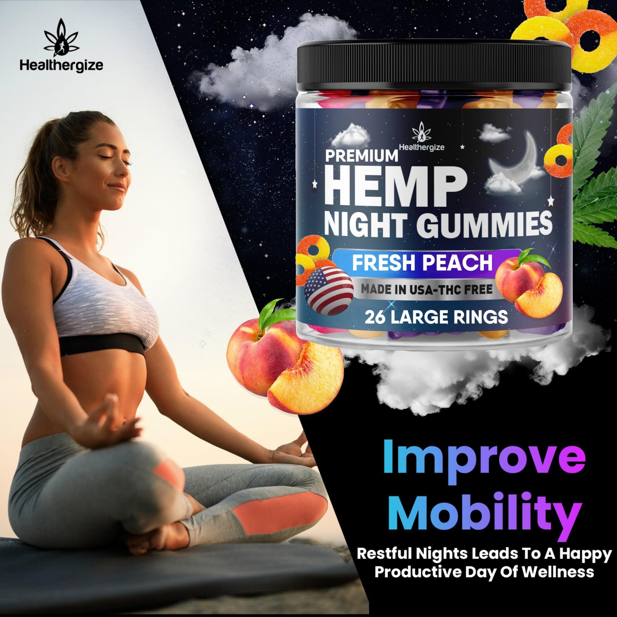 Healthergize Hemp Gummies Night-Time, High Potency Nap Gummies, Peace and Relaxation Healthergize