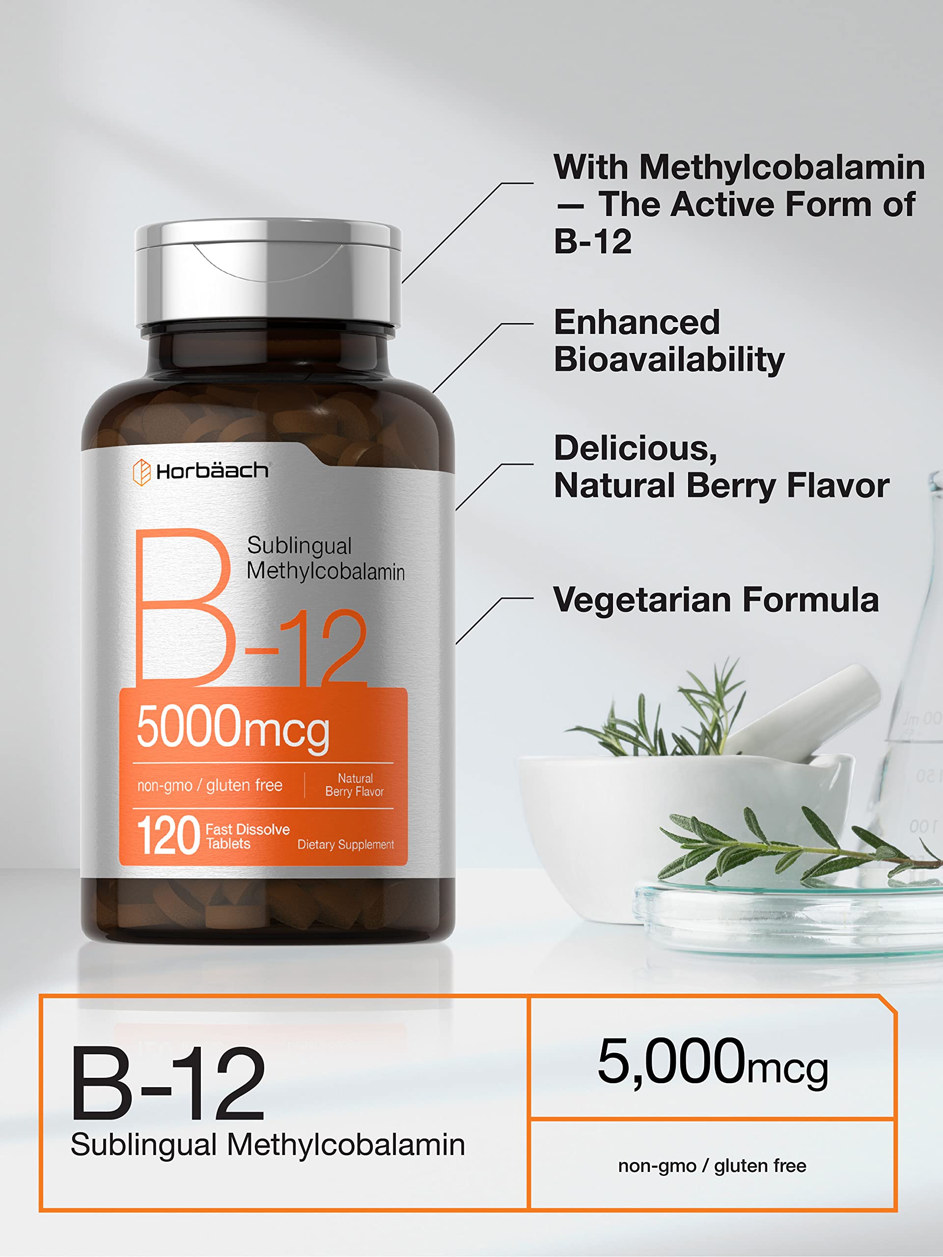 Horbäach B12 Sublingual Methylcobalamin | 5000mcg | 120 Fast Dissolve Tablets Horbäach