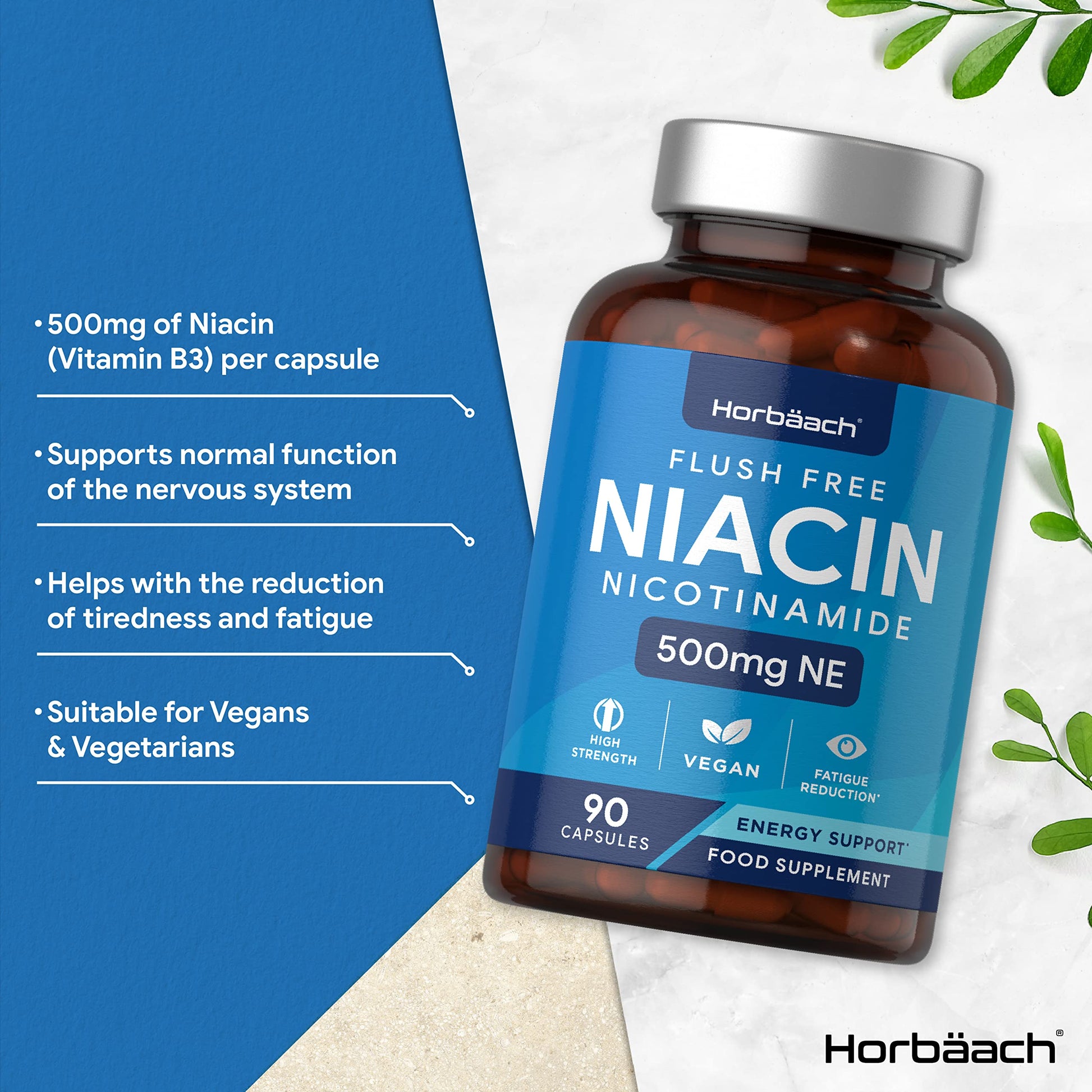 Vitamin B3 Niacin 500mg | 90 Vegan Capsules | Flush Free Nicotinamide Supplement Horbäach