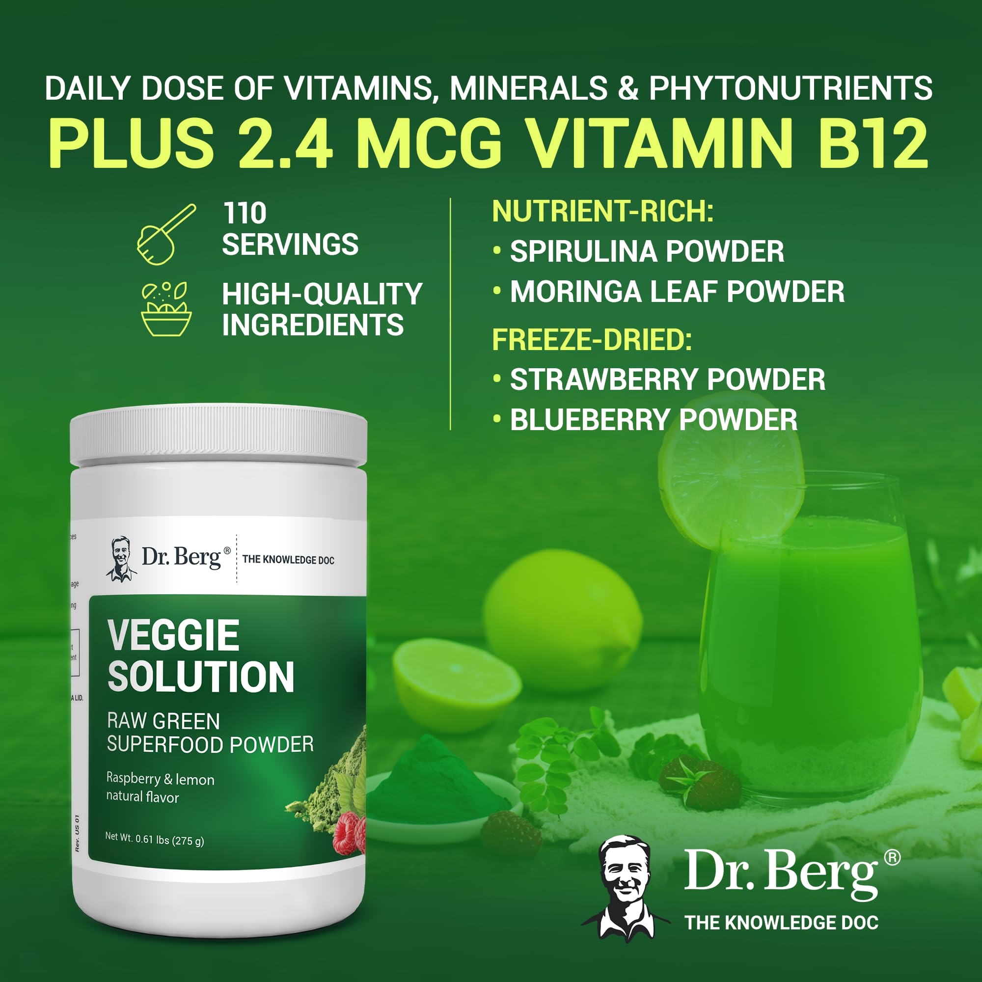 Dr. Berg's (Veggie Solution) Organic Super Greens Powder w/Spirulina - Raw Green Dr. Berg Nutritionals