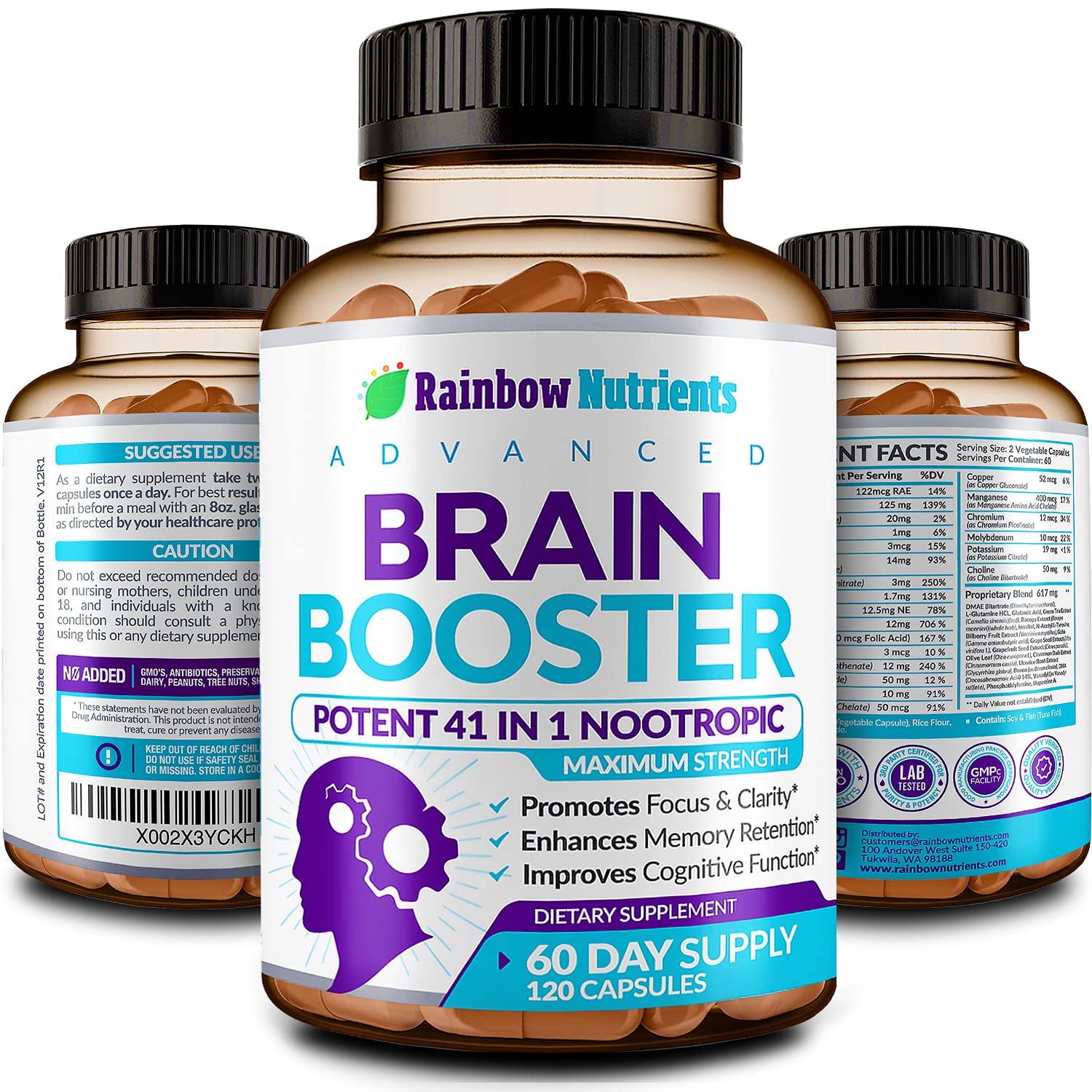 40-in-1 Brain Booster Supplements for Memory, Focus, Clarity, Energy, Performance Rainbow Nutrients, LLC