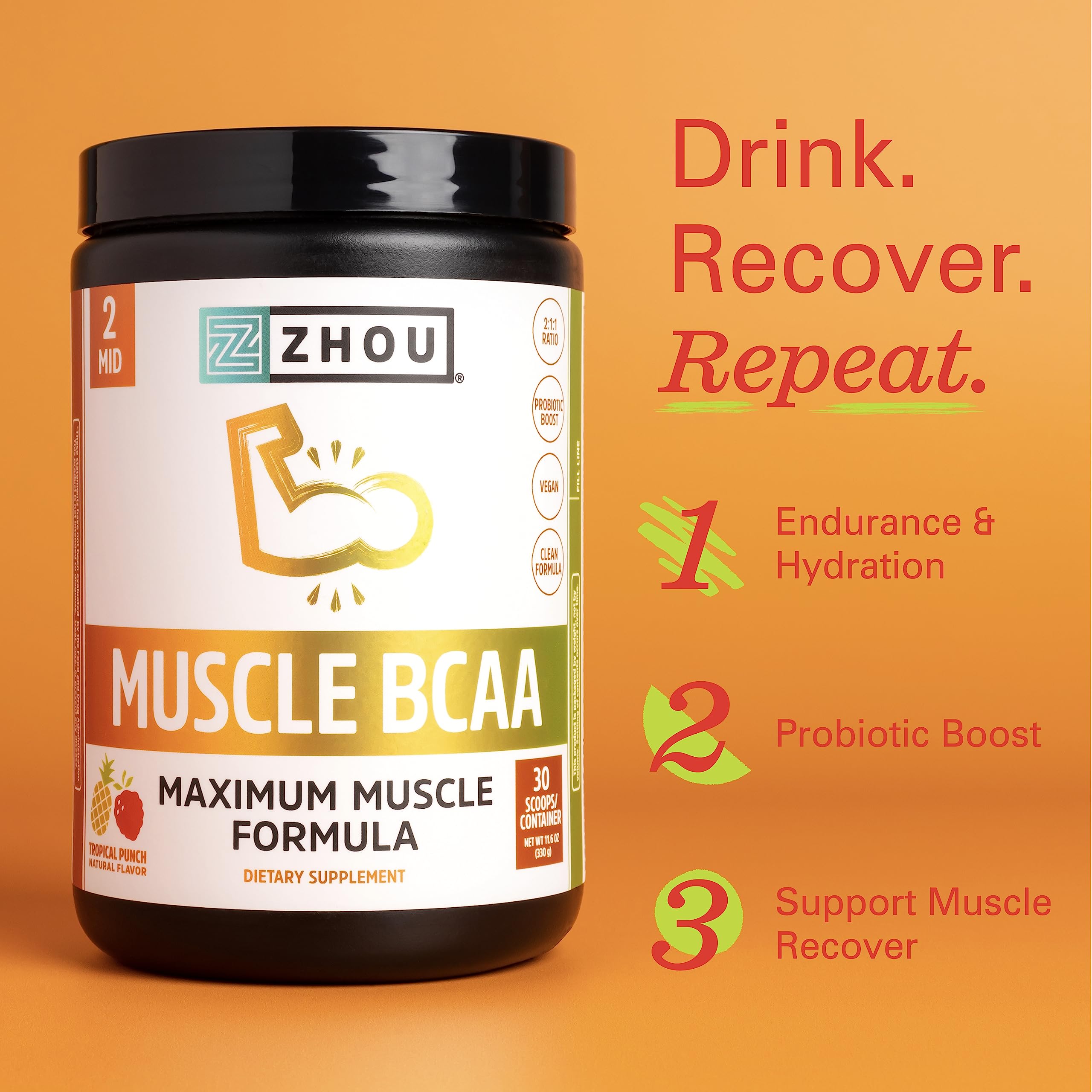 Zhou Nutrition Muscle BCAA Powder, Vegan Muscle Recovery, Natural, Clean Formula Zhou Nutrition