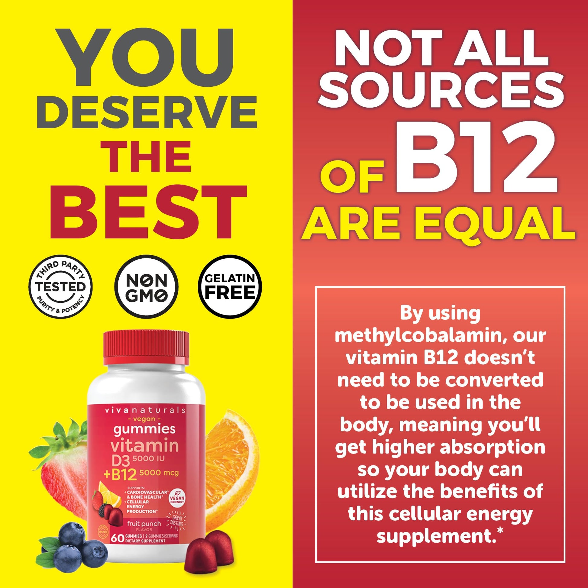 Viva Naturals Plant-Based B12 Gummies with Vitamin D3 - Chewable 5000mcg B12 Viva Naturals