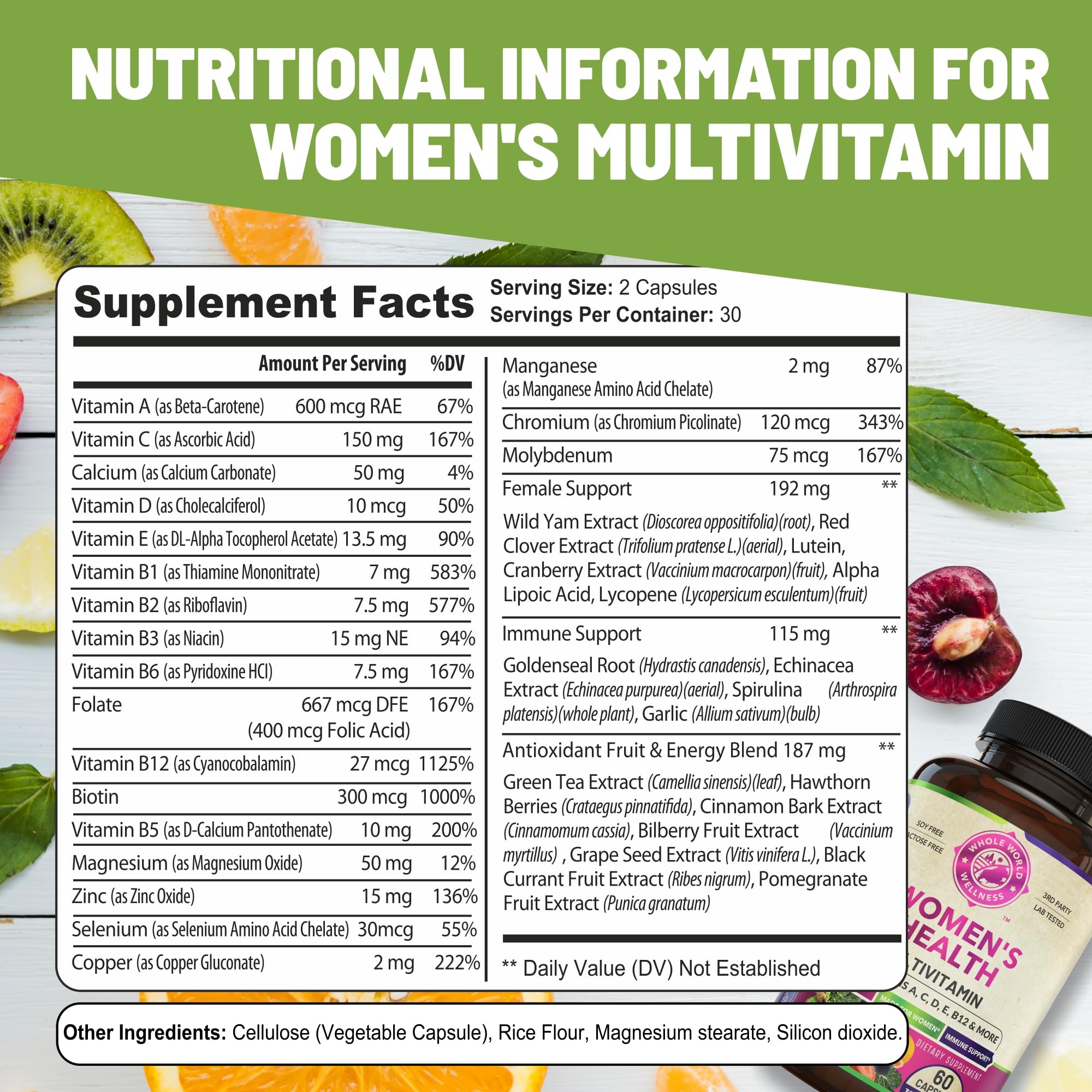 Womens Daily Multivitamins & Multimineral Supplement for Energy, Mood, Focus, Hair WHOLE WORLD WELLNESS