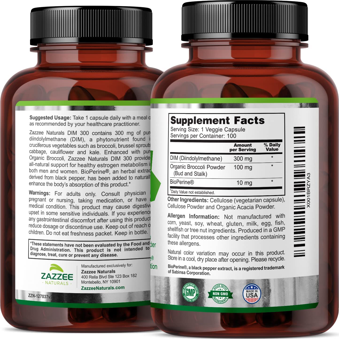 Zazzee Extra Strength DIM 300, 10 mg BioPerine and 300 mg DIM per Capsule, 100 Vegan Zazzee