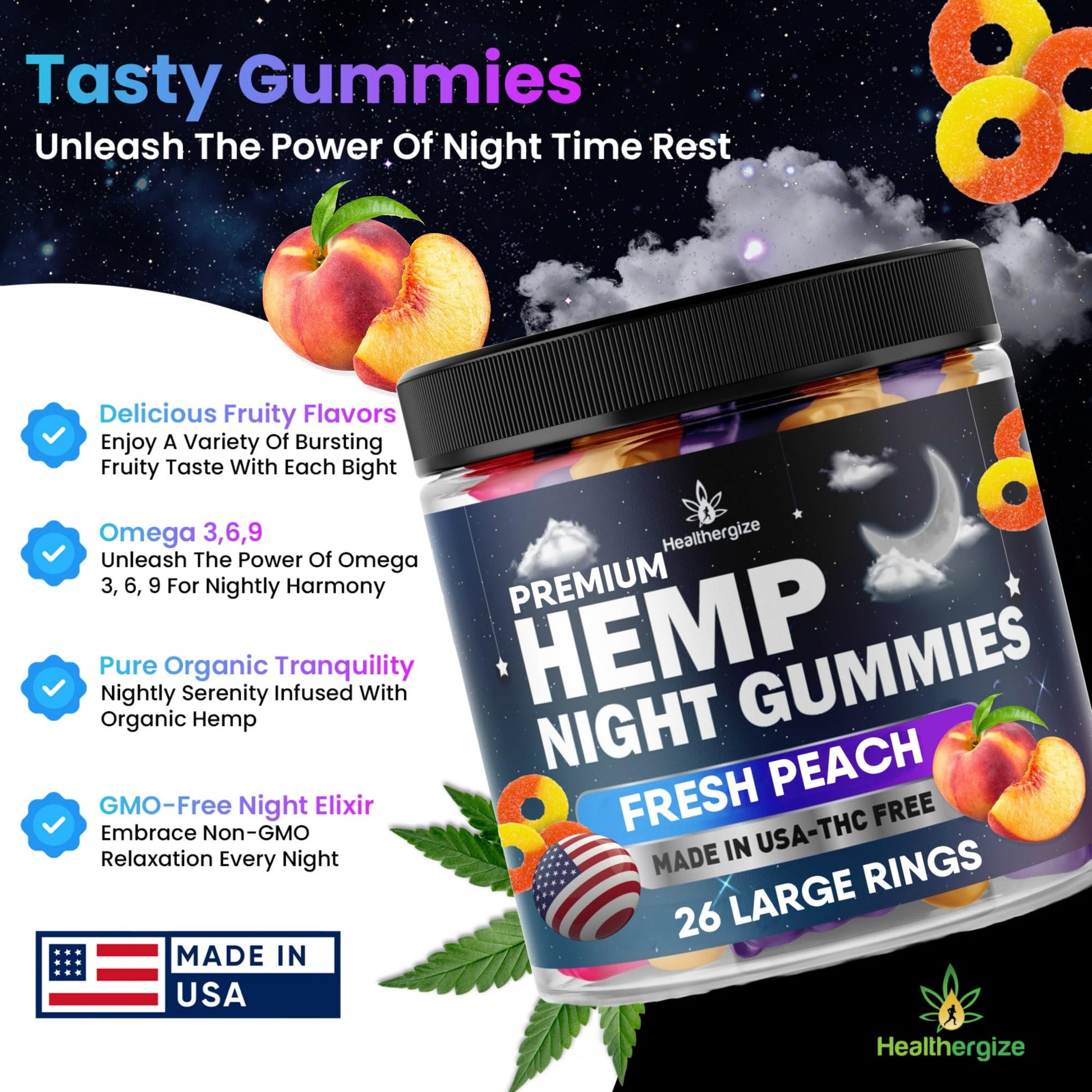 Healthergize Hemp Gummies Night-Time, High Potency Nap Gummies, Peace and Relaxation Healthergize