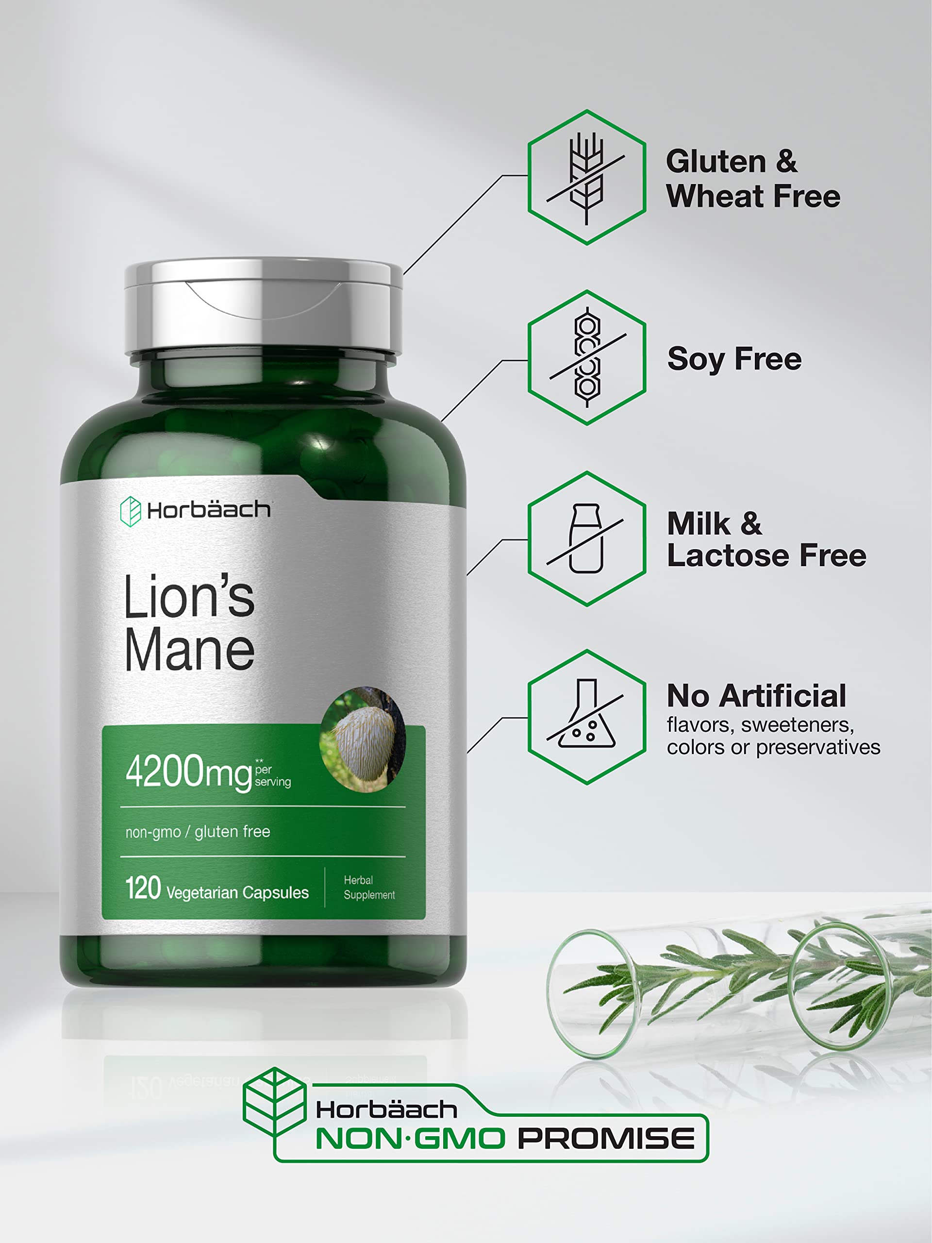 Horbäach Lions Mane Mushroom Extract | 4200mg | 120 Capsules | Vegetarian Horbäach