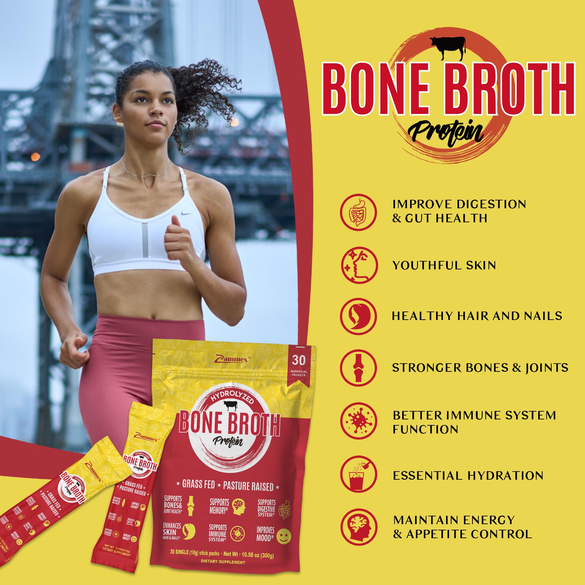 Zammex Bone Broth Packets-20g Collagen Protein-Beef Bone Broth Powder to Go-30 Travel Zammex