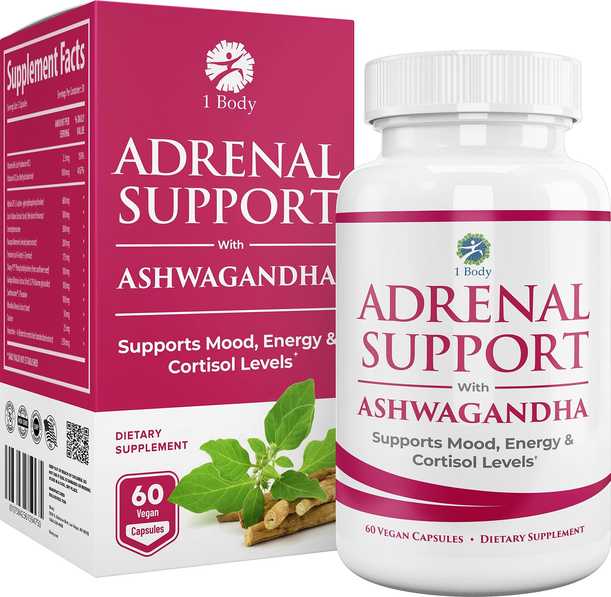 1 Body Adaptogen Complex Supplement with Ashwagandha - 60 Vegan Cap
