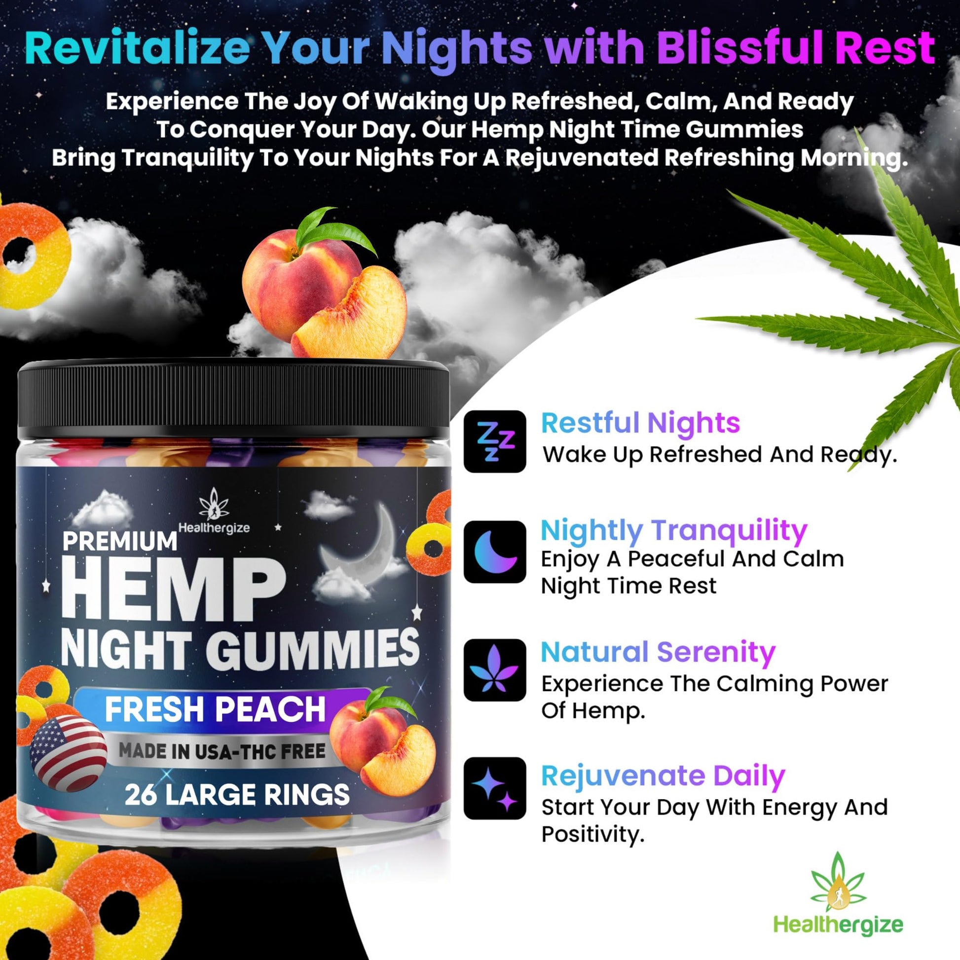 Healthergize Hemp Gummies Night-Time, High Potency Nap Gummies, Peace and Relaxation Healthergize