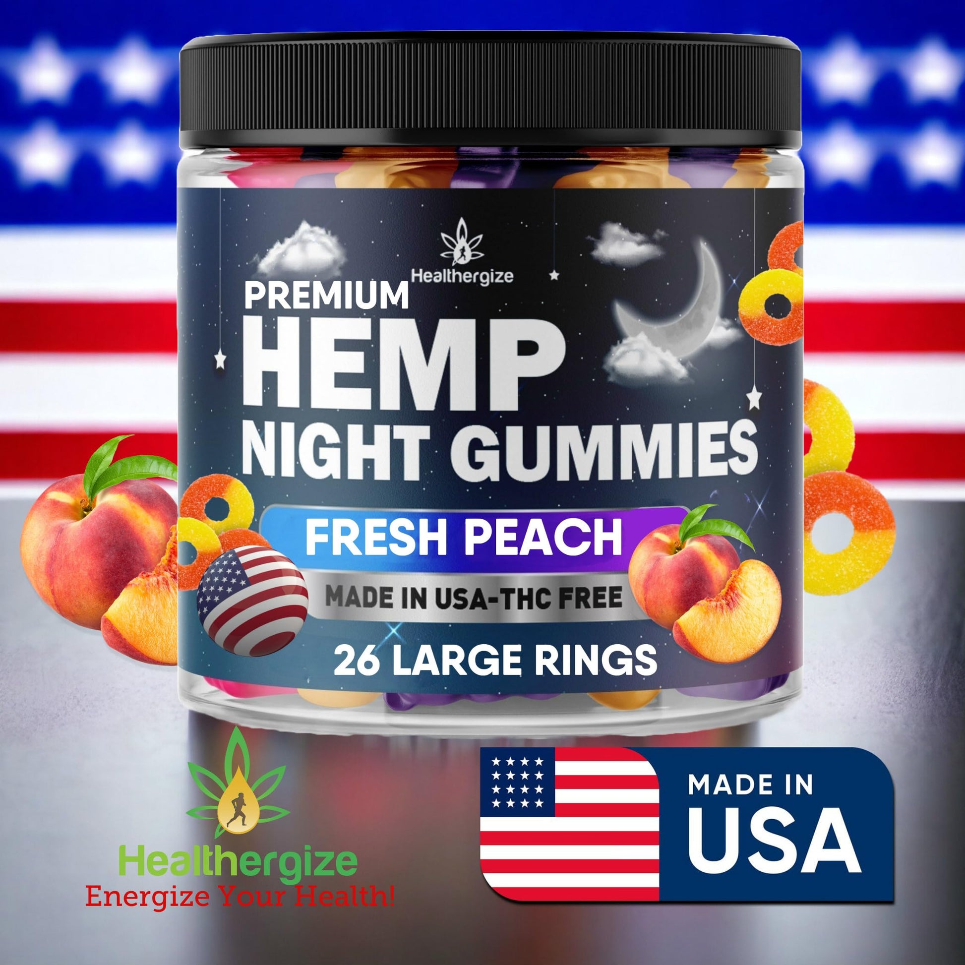 Healthergize Hemp Gummies Night-Time, High Potency Nap Gummies, Peace and Relaxation Healthergize