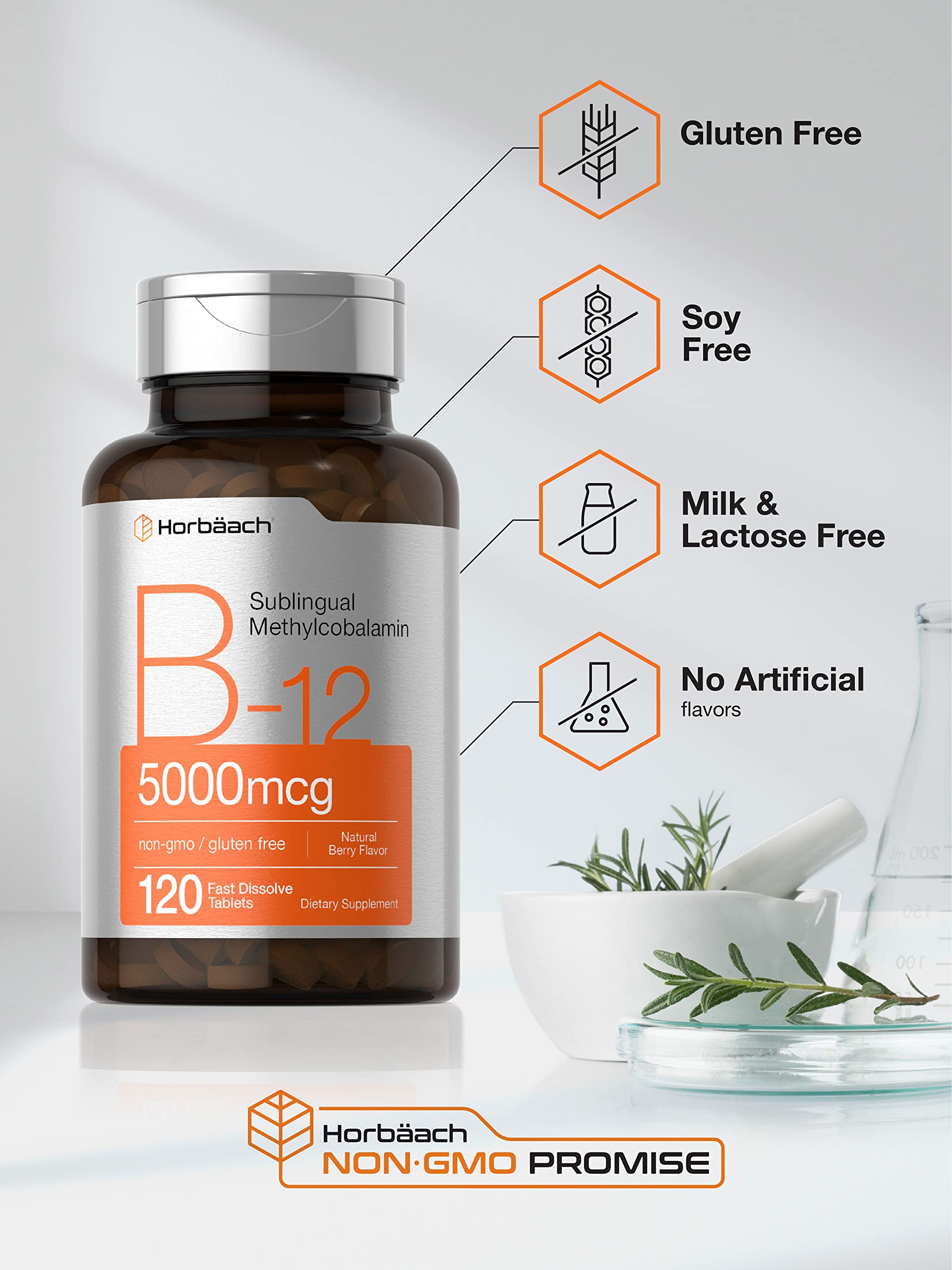 Horbäach B12 Sublingual Methylcobalamin | 5000mcg | 120 Fast Dissolve Tablets Horbäach