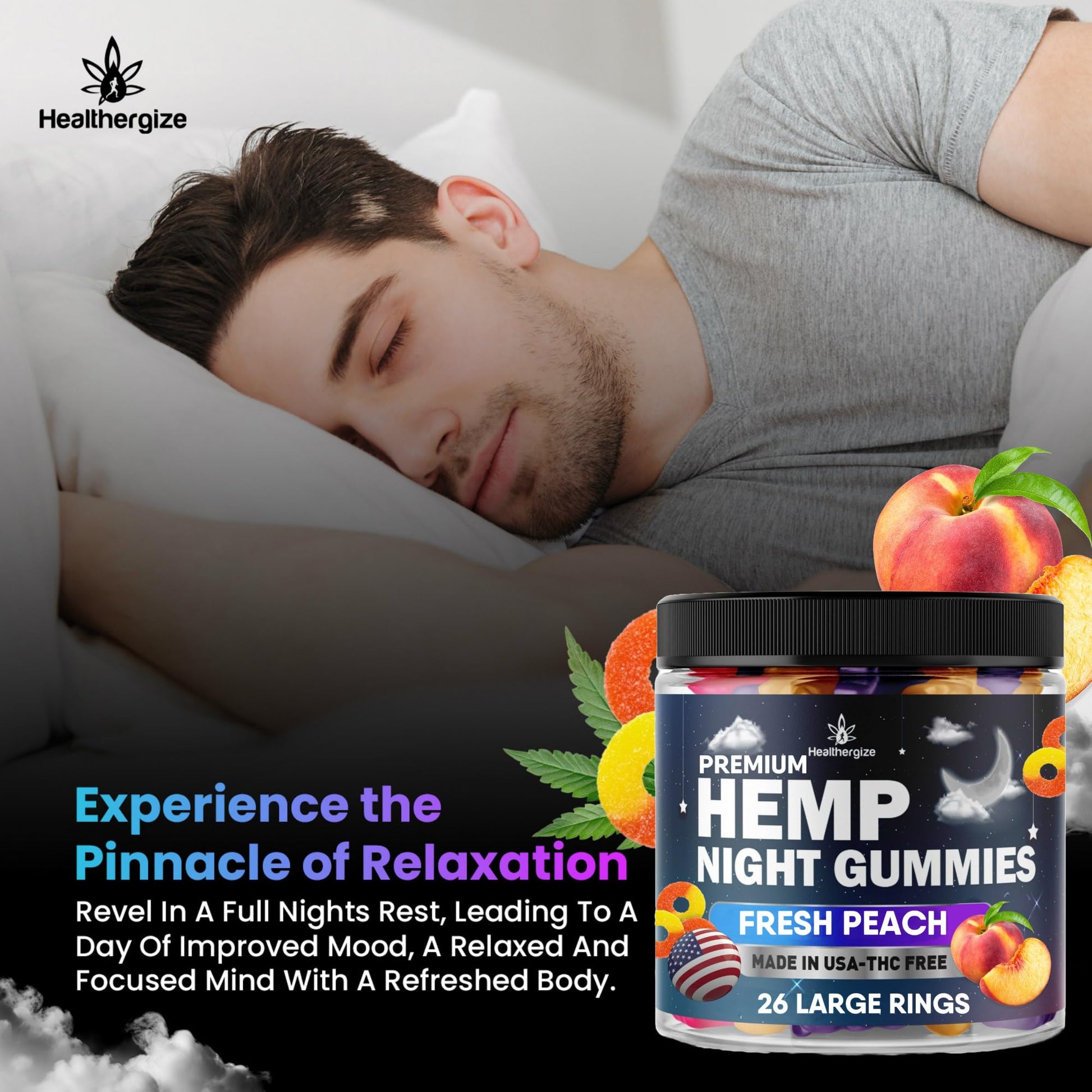 Healthergize Hemp Gummies Night-Time, High Potency Nap Gummies, Peace and Relaxation Healthergize