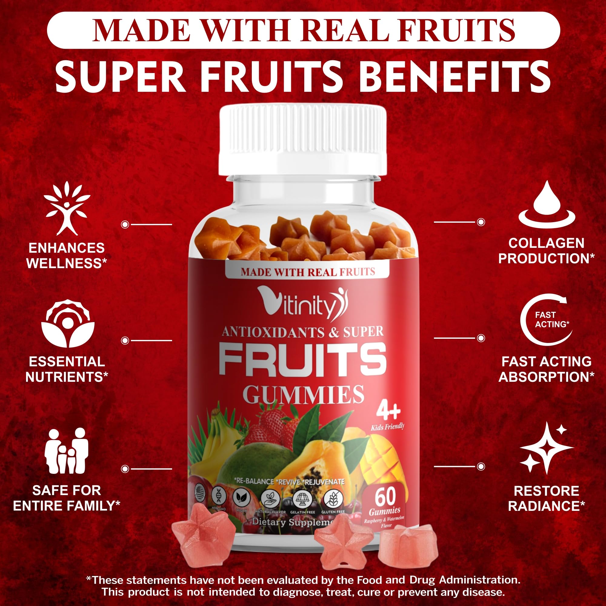 VITINITY Made with Real Super Fruits Delicious Gummy Supplement,Men,Women & Kids VITINITY