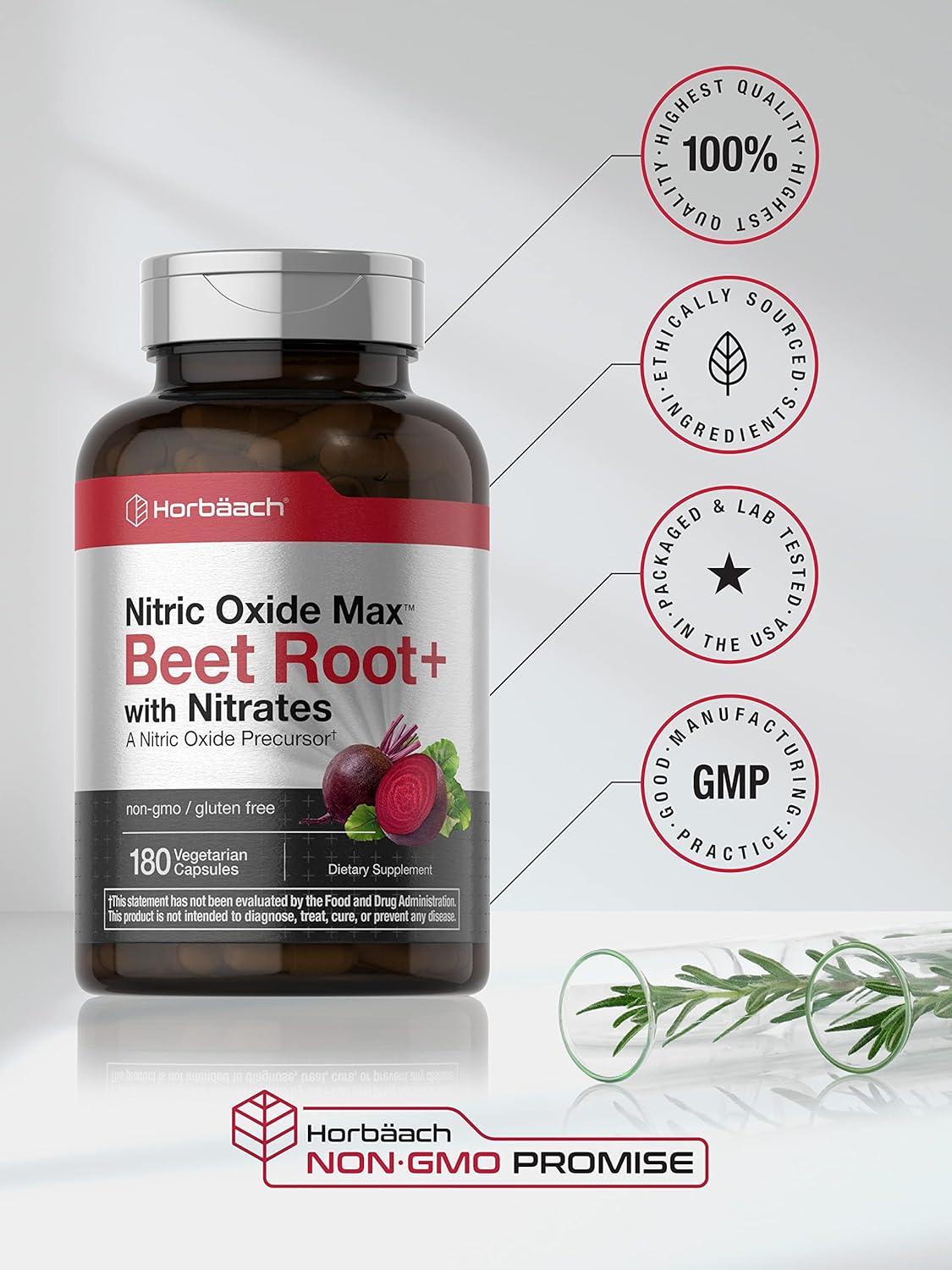 Horbäach Nitric Oxide Beet Root Capsules | 180 Count | with Nitrates and Precursor | for Men and Women | Vegetarian, Non-GMO, Gluten Free Supplement Horbäach