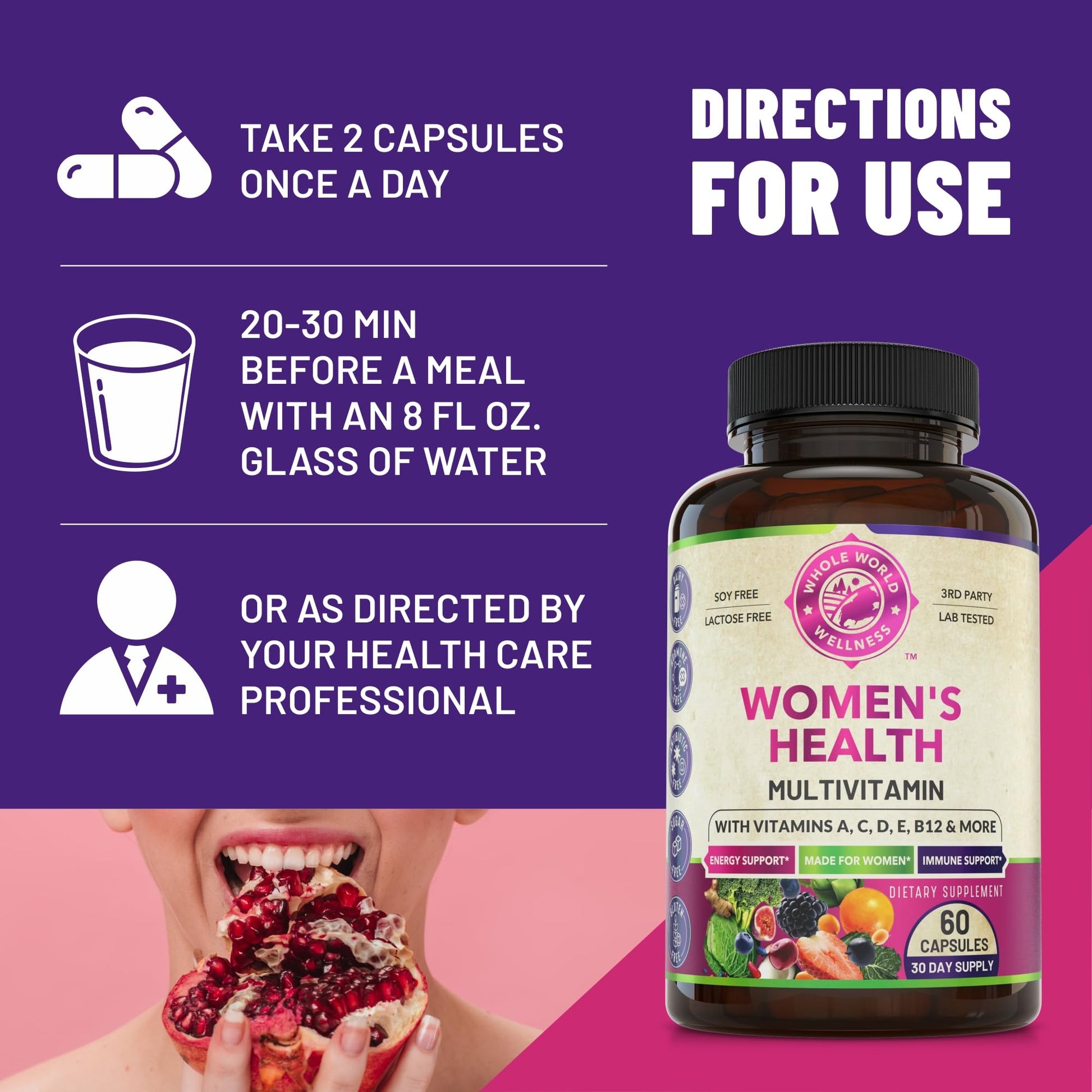 Womens Daily Multivitamins & Multimineral Supplement for Energy, Mood, Focus, Hair WHOLE WORLD WELLNESS