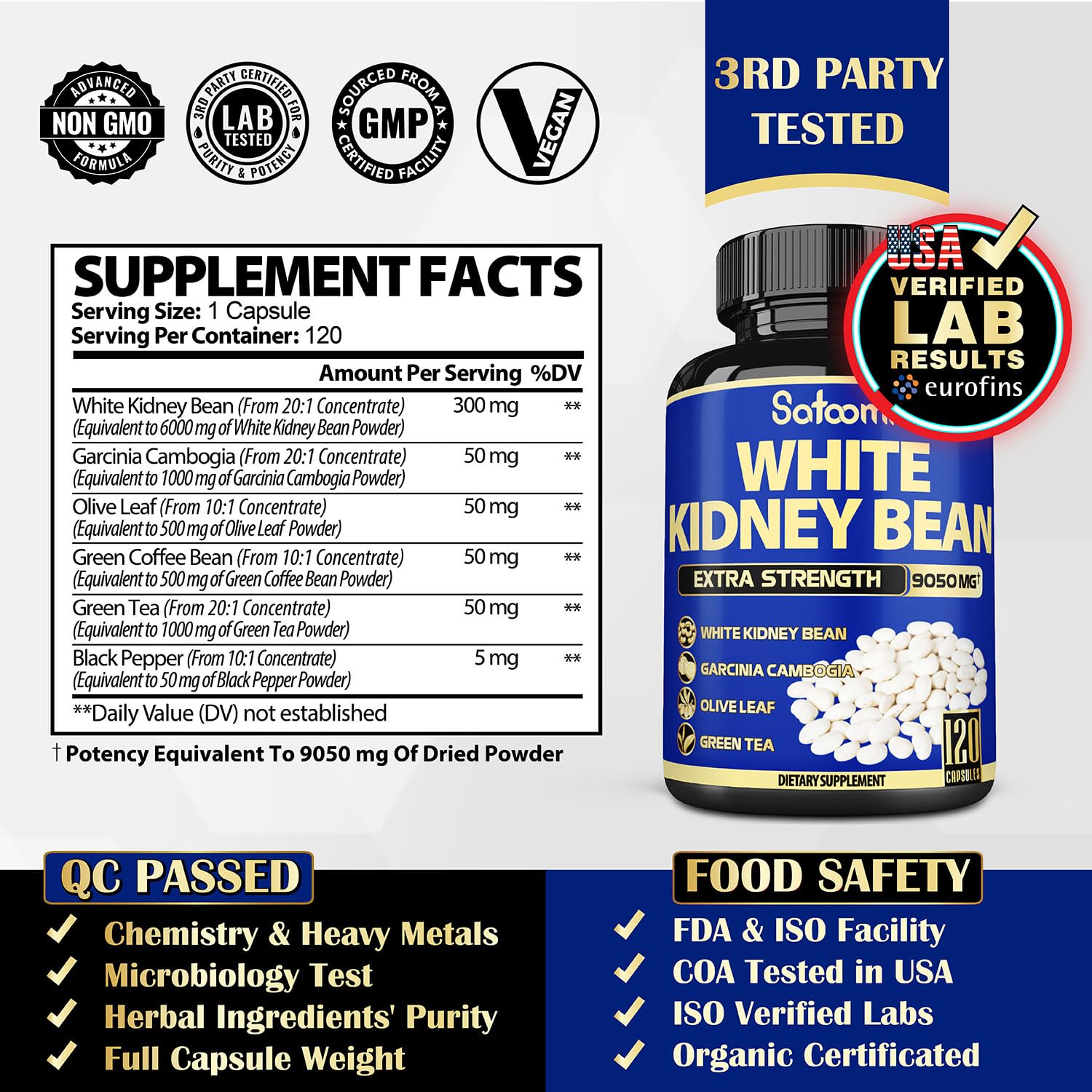 6in1 White Kidney Bean Extract Capsules 9050 Mg - with Garcinia Cambogia, Olive Leaf Satoomi