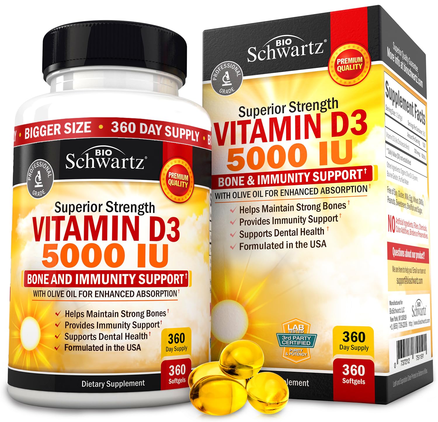 Vitamin D3 5000 IU (125 mcg) Natural Immune Support Supplement, Bone Strength