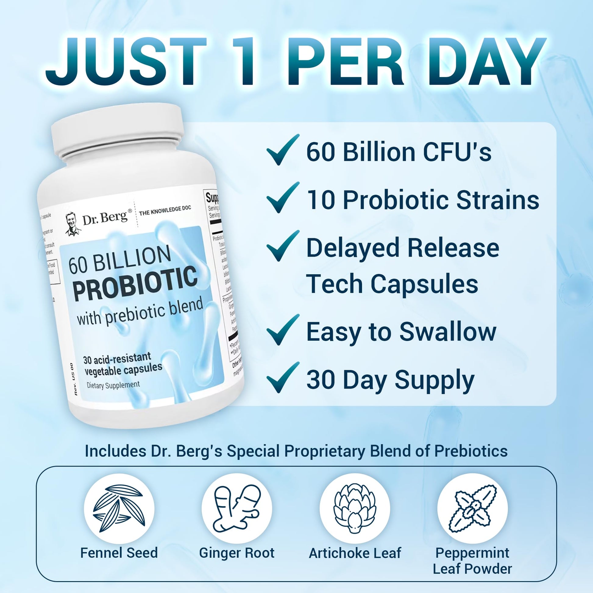 Dr. Berg 60 Billion Probiotic Supplement - Probiotics for Men & Women - Pre and Probiotics Dr. Berg Nutritionals