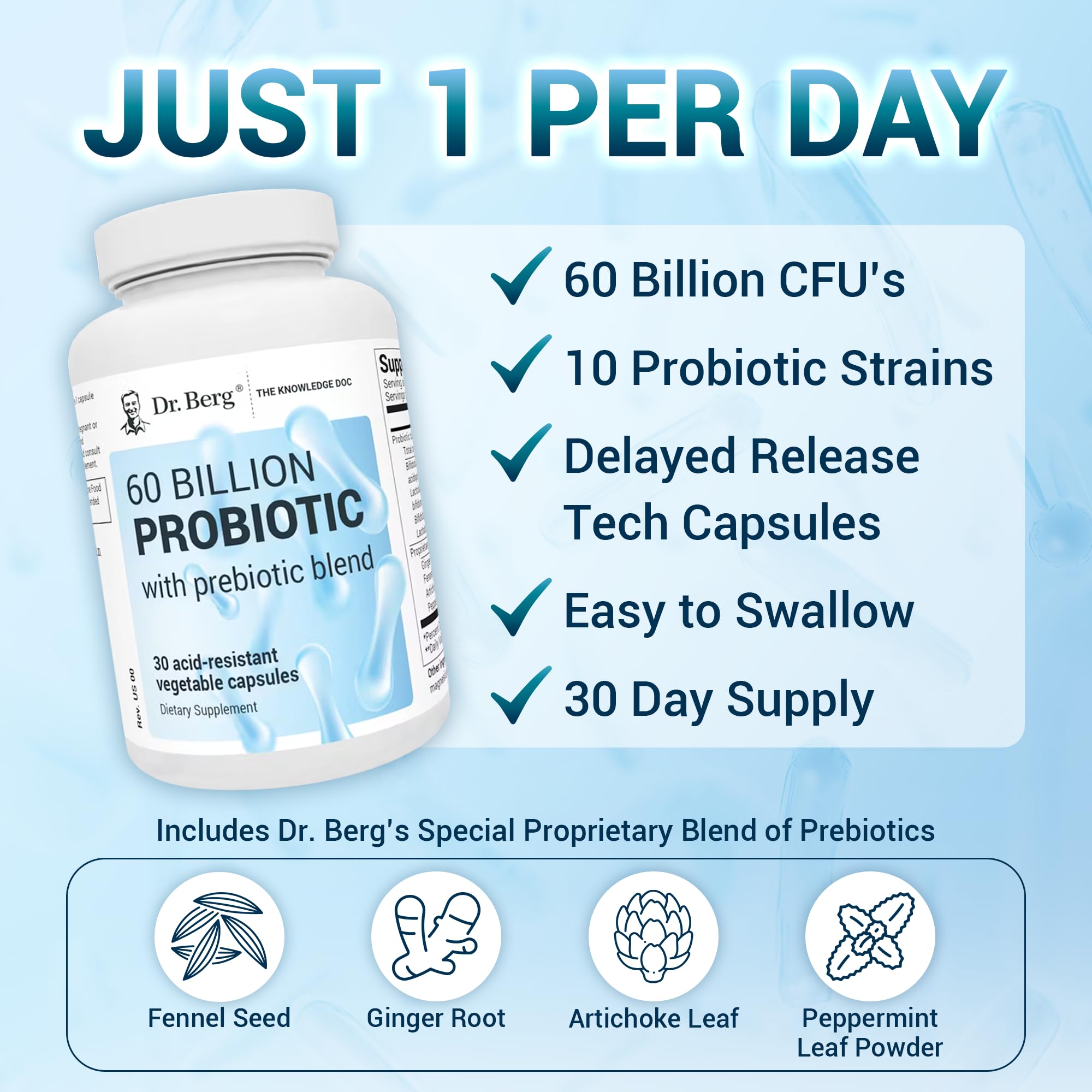 Dr. Berg 60 Billion Probiotic Supplement - Probiotics for Men & Women - Pre and Probiotics Dr. Berg Nutritionals