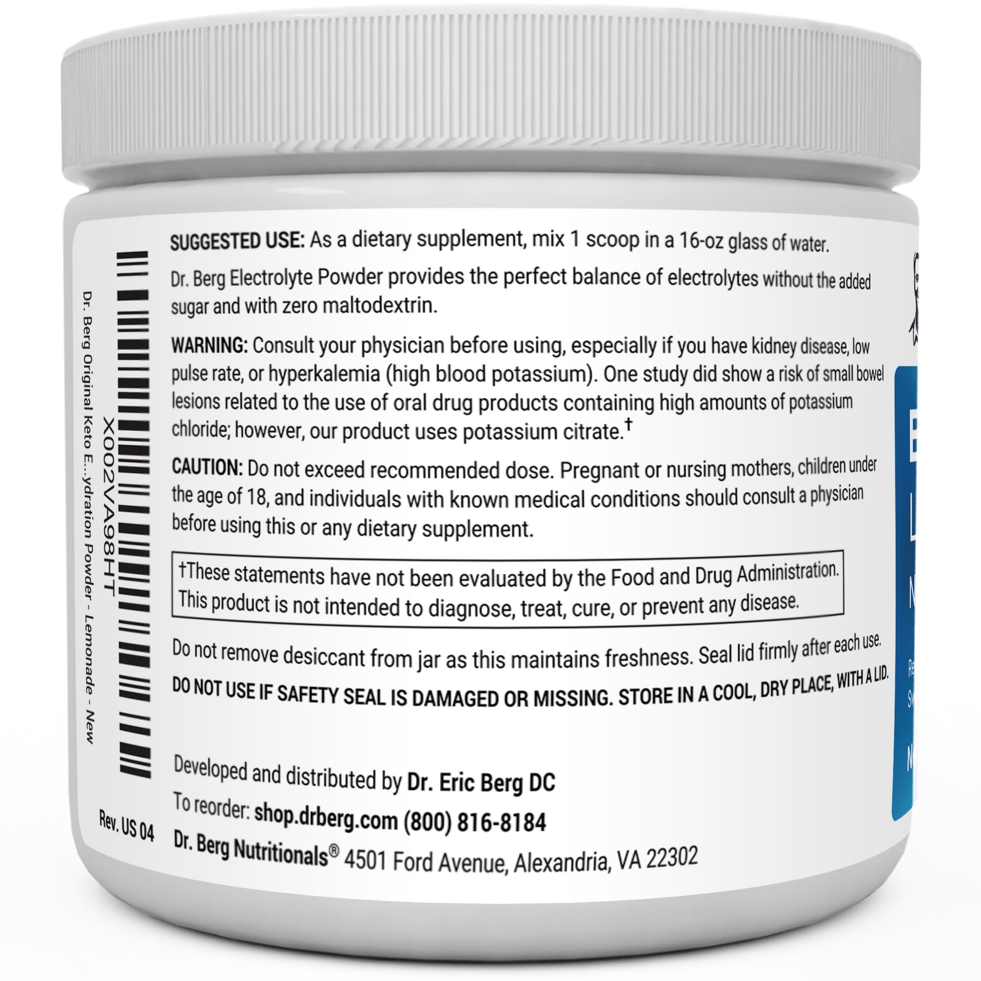 Dr. Berg Hydration Keto Electrolyte Powder - Enhanced w/ 1,000mg of Potassium & Real Dr. Berg Nutritionals
