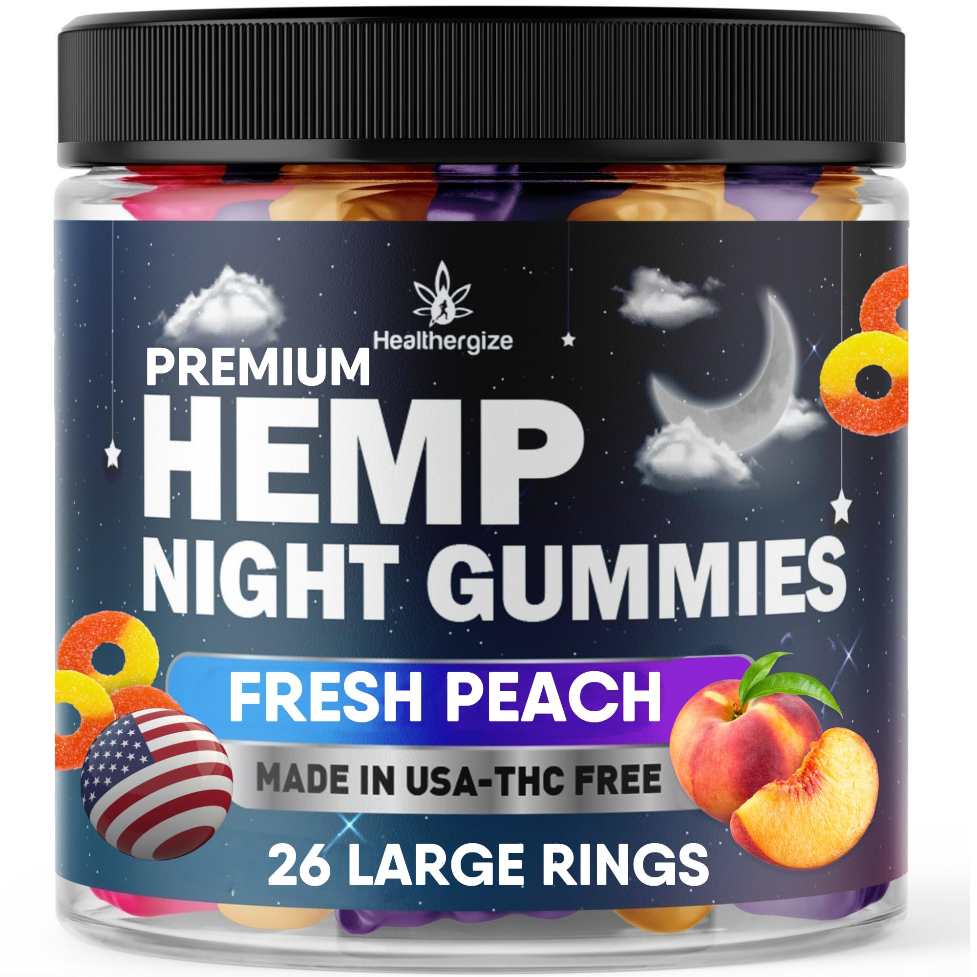 Healthergize Hemp Gummies Night-Time, High Potency Nap Gummies, Peace and Relaxation