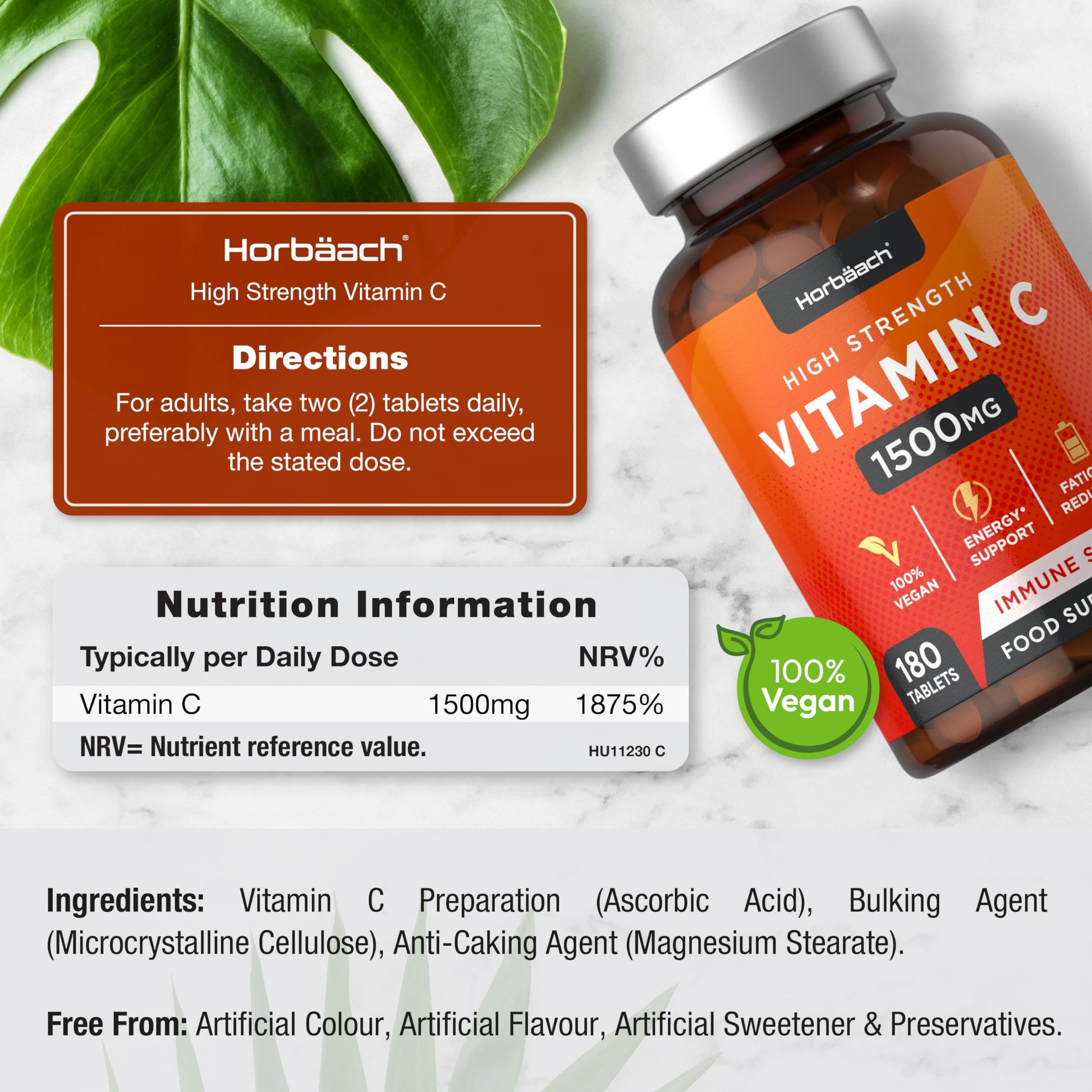 Vitamin C Tablets 1500mg | 180 Count | High Strength Vegan Supplement | No Artificial Horbäach