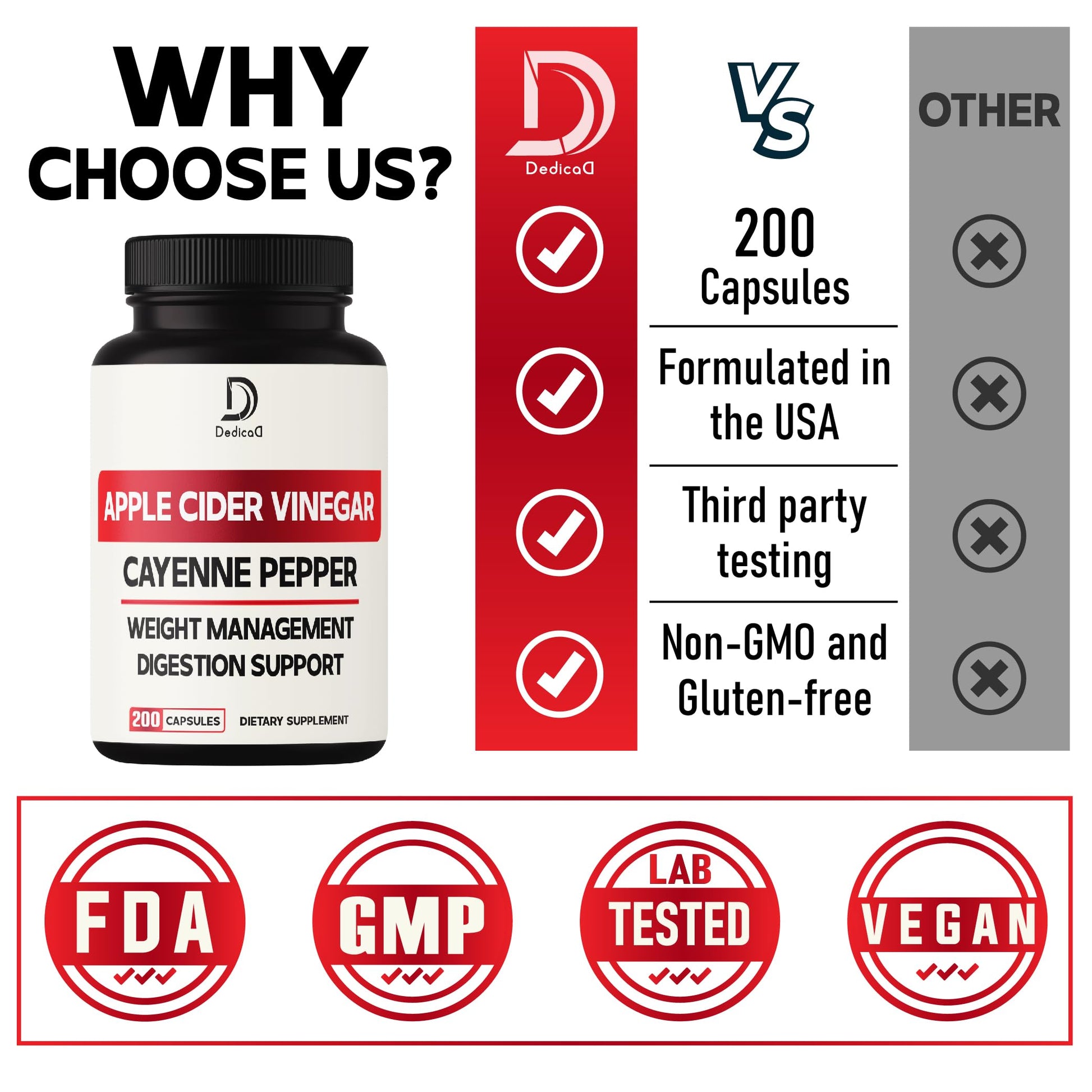 12in1 Apple Cider Vinegar Supplements - 200 Capsules with Cayenne Pepper, Grape Seed DEDICAD