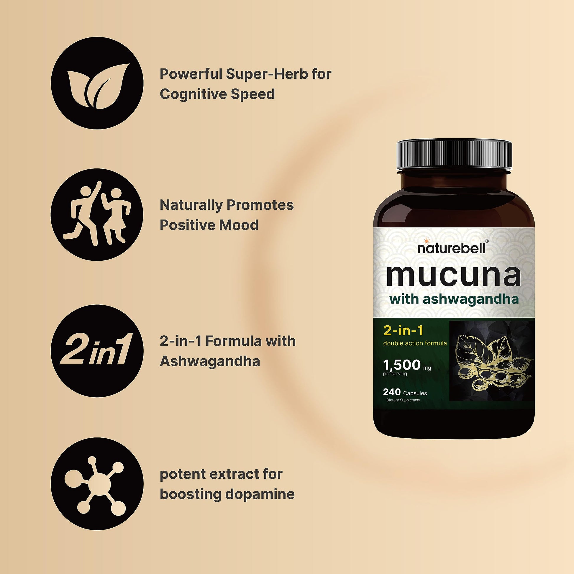 2 Pack NatureBell Mucuna Pruriens Capsules, 1500mg Per Serving, Made with Mucuna NatureBell