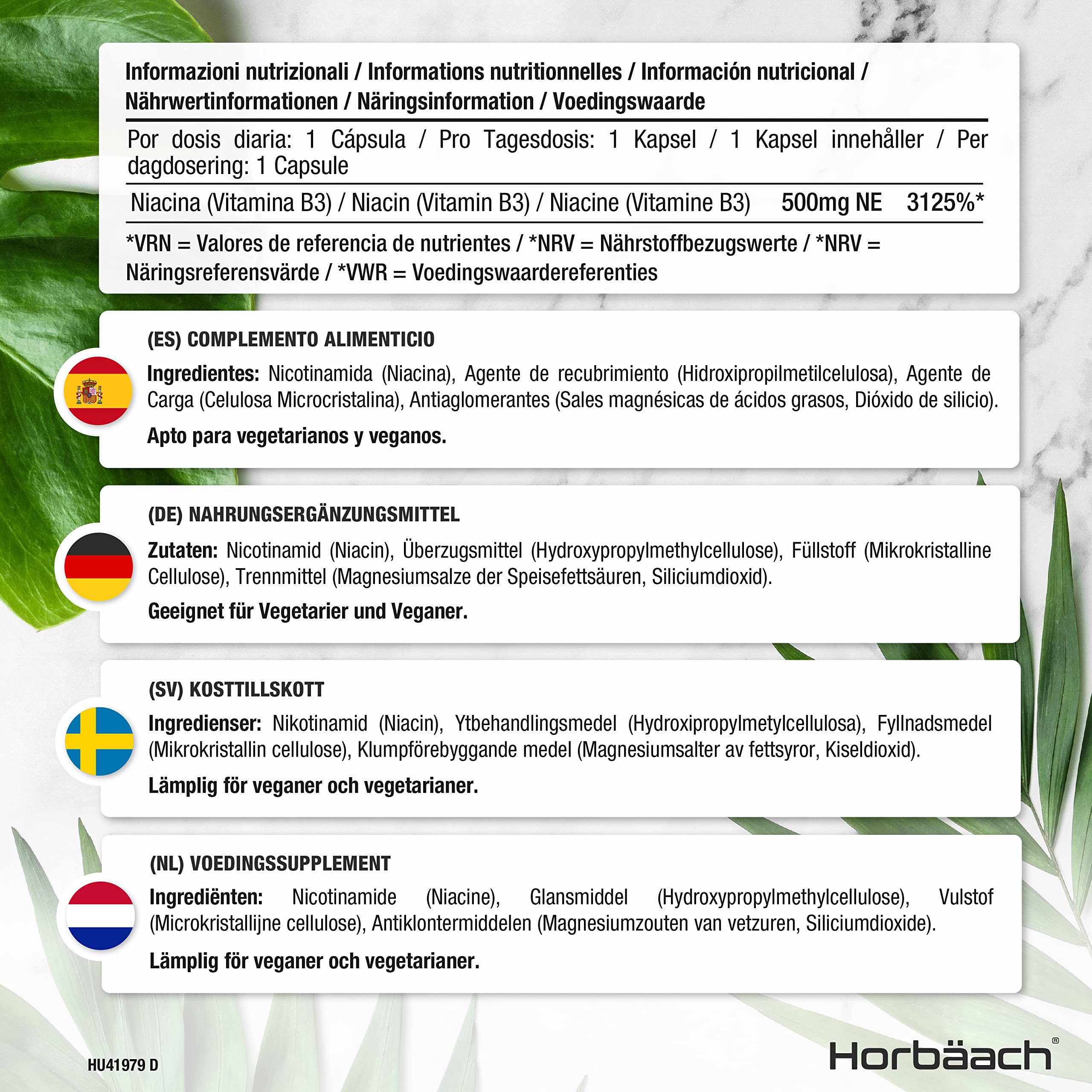 Vitamin B3 Niacin 500mg | 90 Vegan Capsules | Flush Free Nicotinamide Supplement Horbäach