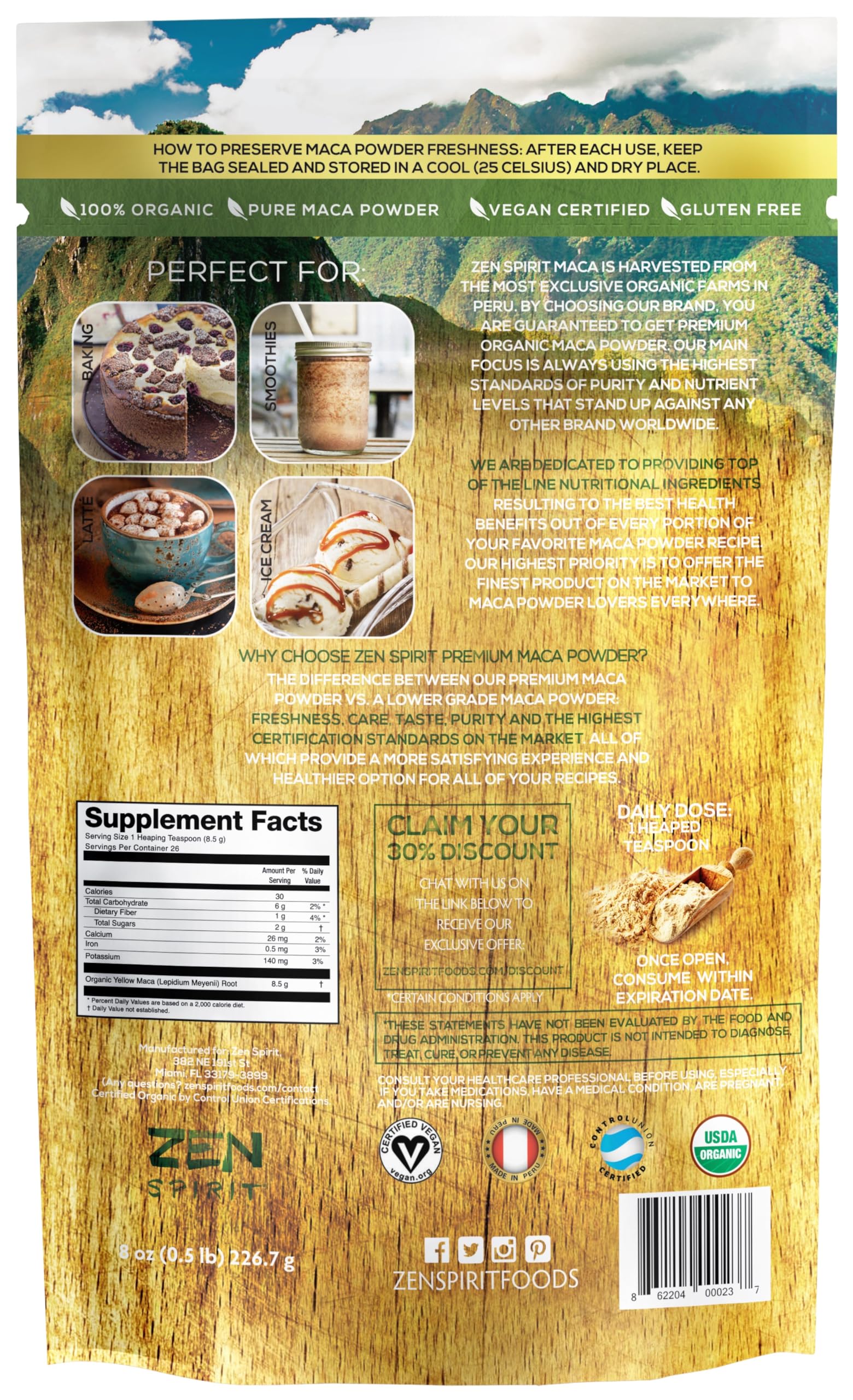 Zen Spirit Maca Root Powder Organic - Peruvian Root Premium Grade Superfood (Raw) Zen Spirit