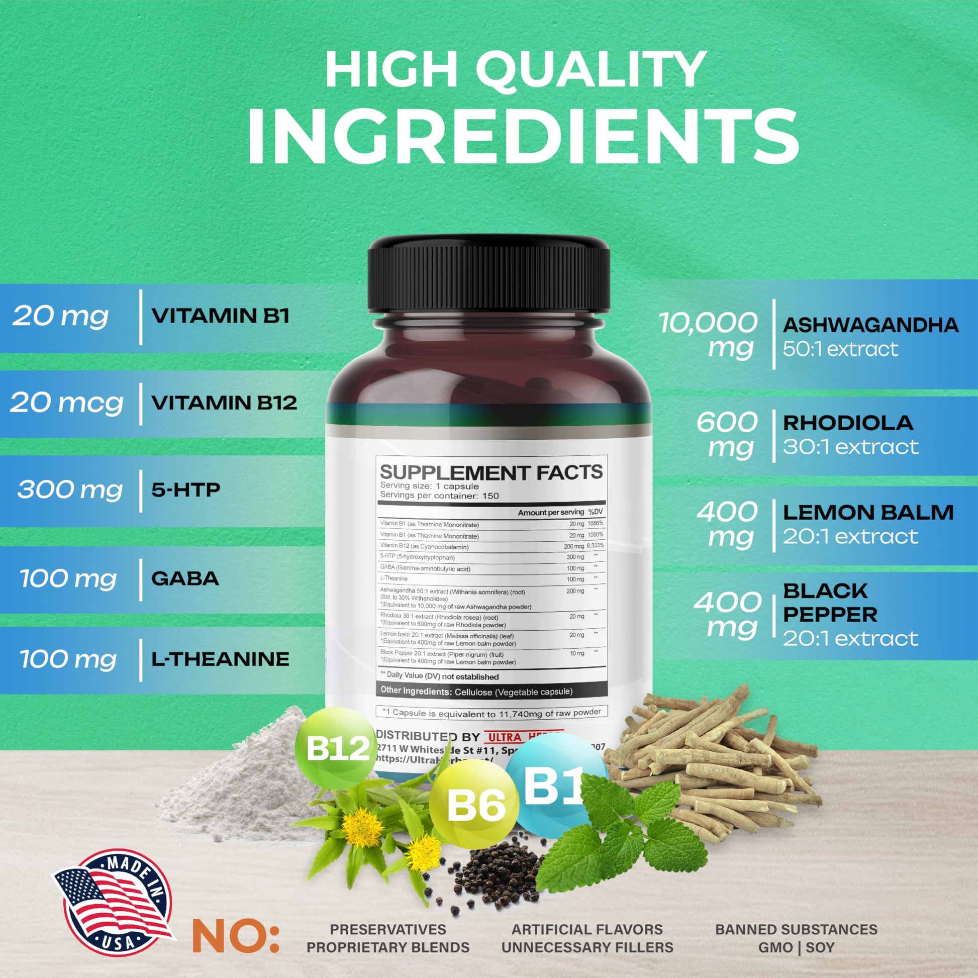 5-HTP Supplement 11,740mg 10 in 1 with GABA, L-Theanine, Ashwagandha, Rhodiola ULTRA HERBS