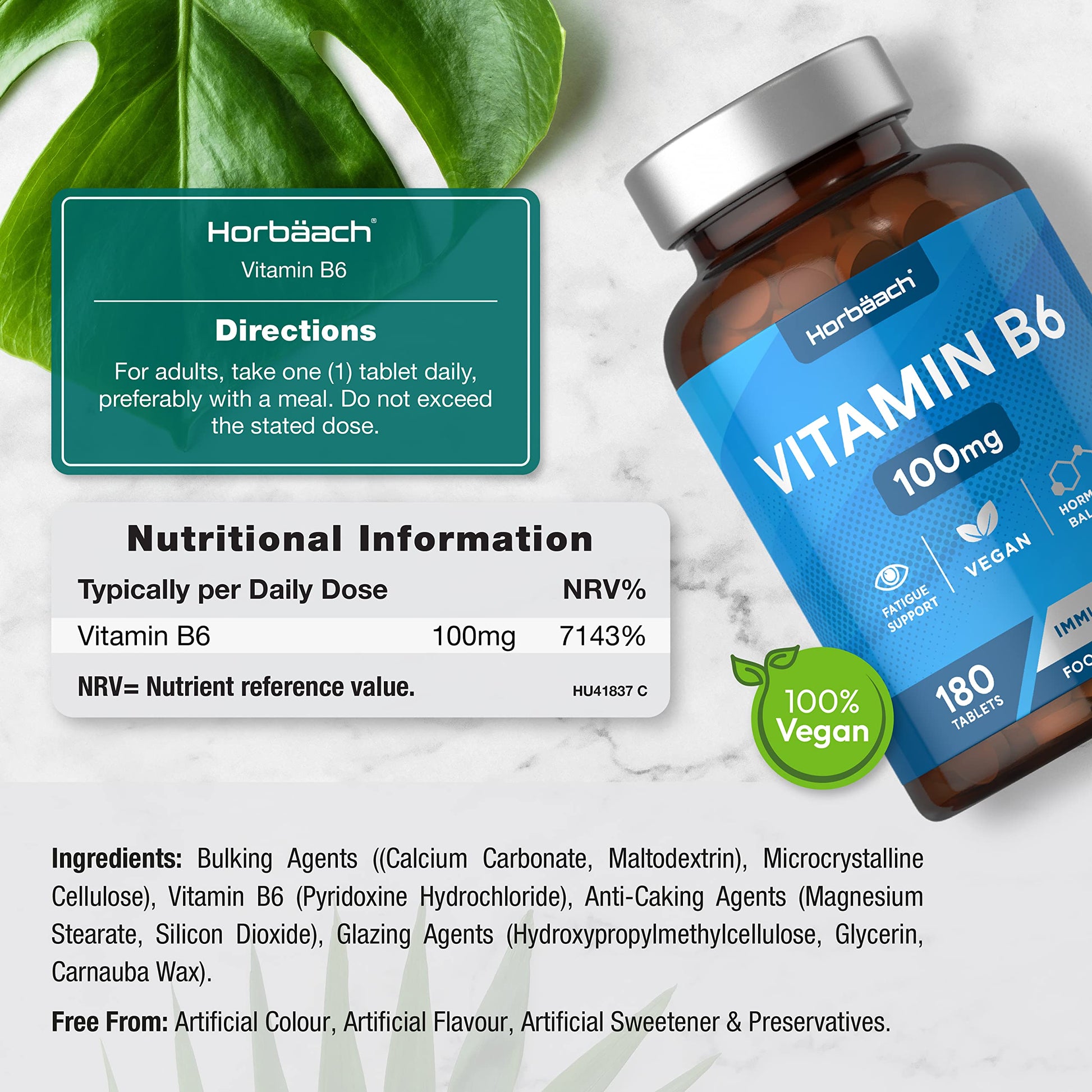 Vitamin B6 100mg | 180 High Strength Tablets | Regulation of Hormonal Activity & Fatigue Horbäach